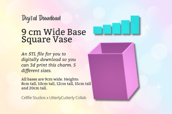 9cm Wide Base, Square Vase STL File - Di